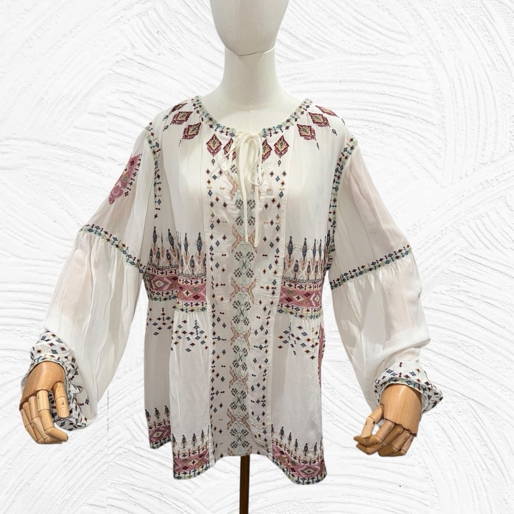 Johnny Was Biya Size XXLarge Deliza Embroidered Silk Blouse Aztec Boho Fairy